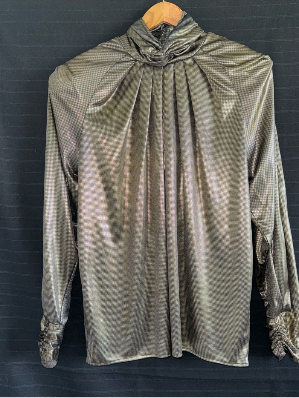 Tess Black Gold Micro Dots Turtleneck Blouse 10 Retro Glam Shiny 80s Metallic